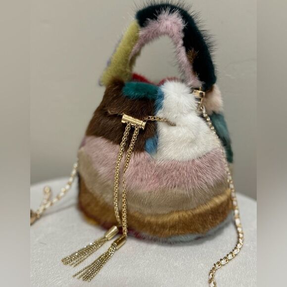 Handmade Color-block Genuine Mink Fur & Drawstring Bucket Bag Includes 2 Straps - Picture 12 of 16
